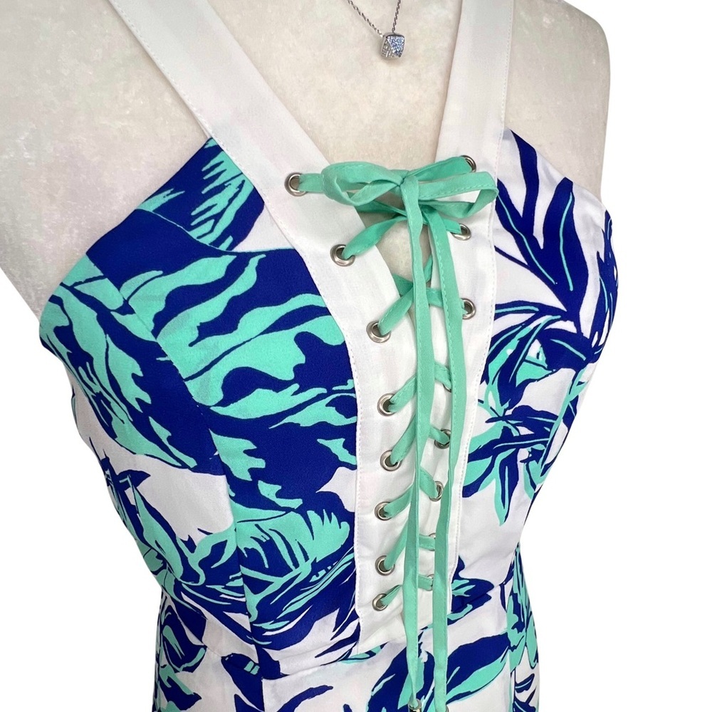 Jealous Tomato Tropical Palm Leaf Lace Up Bodice Dress White Aqua Blue Small S - Picture 16 of 17
